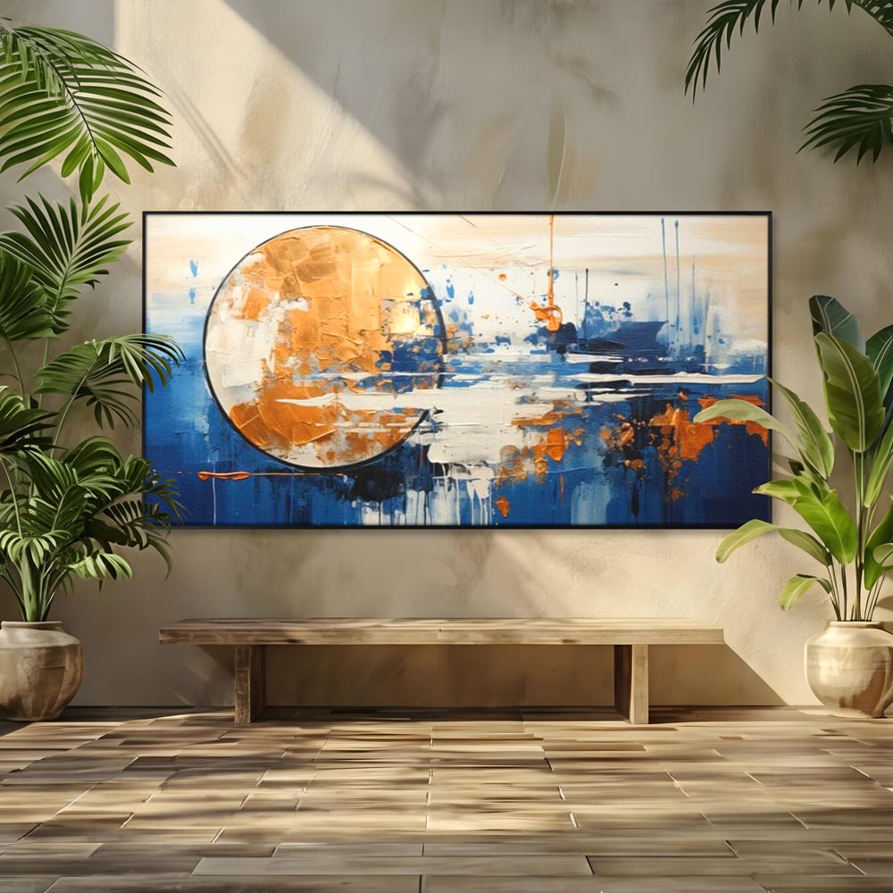 Tablou canvas cu tablou abstract cu luna aurie, in rama de aluminiu negru
